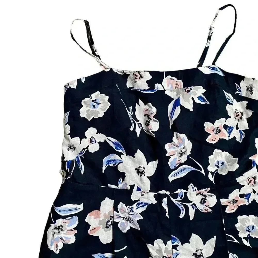Banana Republic Linen Cotton Floral Wide Leg Jumpsuit Navy Size 6